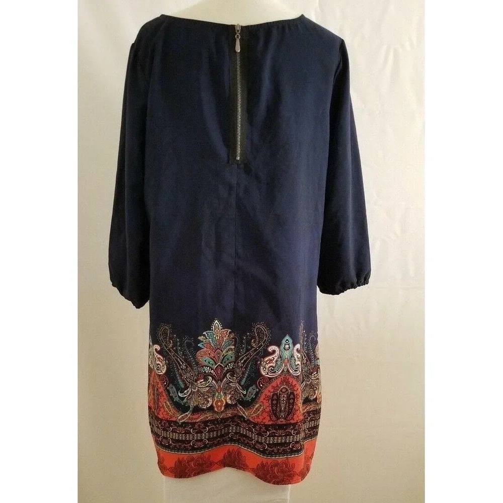 Bebop Women's Navy Blue/Multicolor 3/4 Sleeve Paisley Print Shift Dress Sz Large
